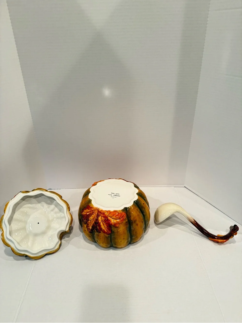 Baum Bros. Pumpkin Soup Tureen in Yellow and Green with Matching Ladle